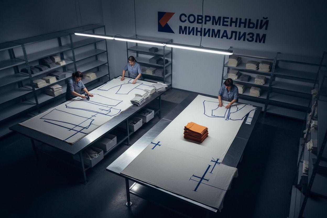 Производственный цех швейной фабрики: раскройные столы с разложенными лекалами, стопки деталей кроя, работницы за рабочими местами — вид под углом 45 градусов